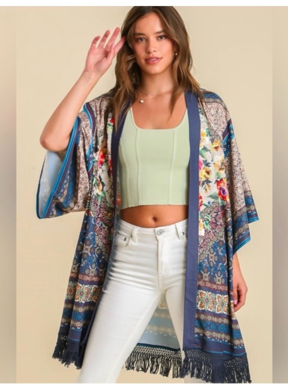 NWT Umgee  Open-Front Printed Kimono with Fringe size 1X/2X